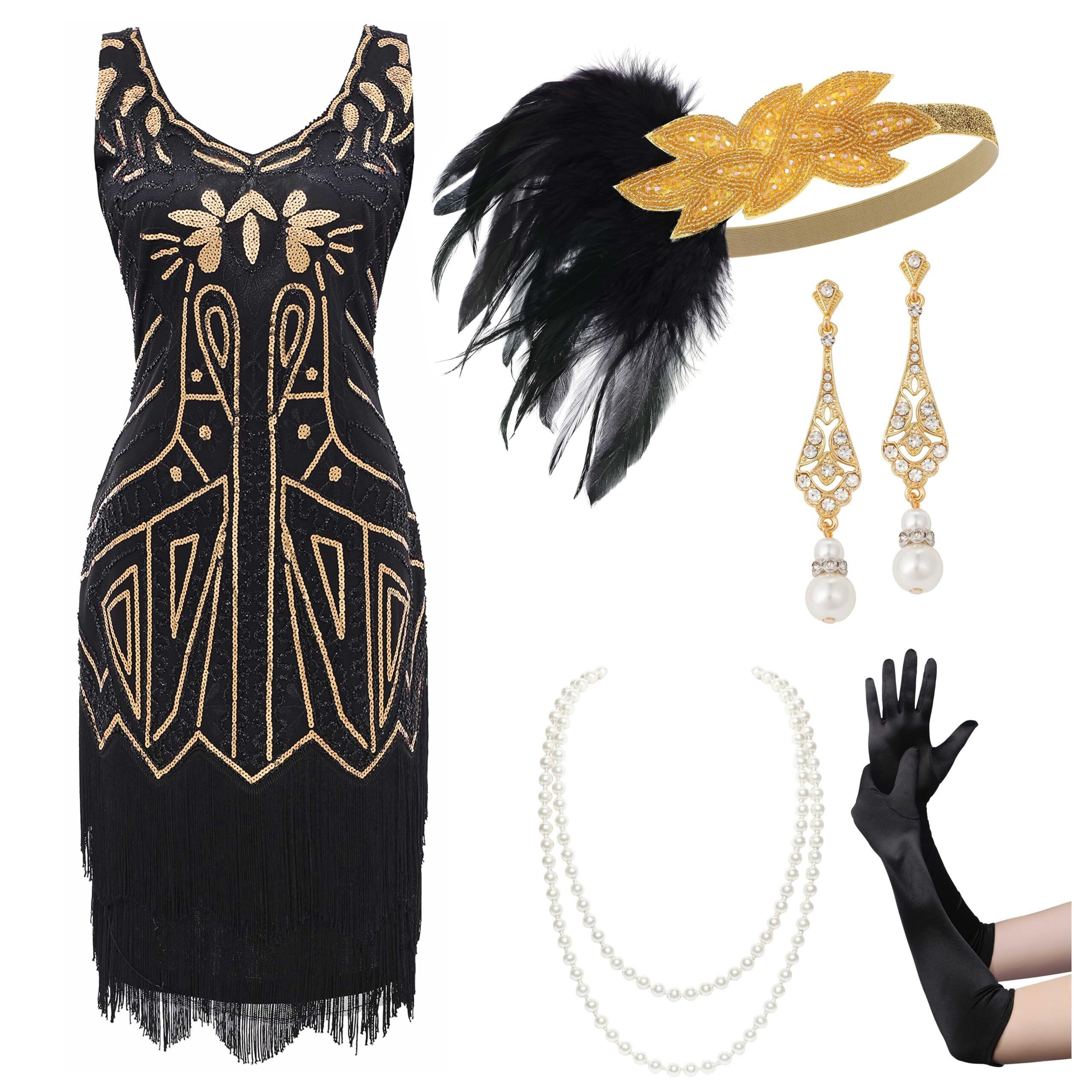 3252 Women’s Flapper Dresses Set 1920s V Neck Beaded Fringed
